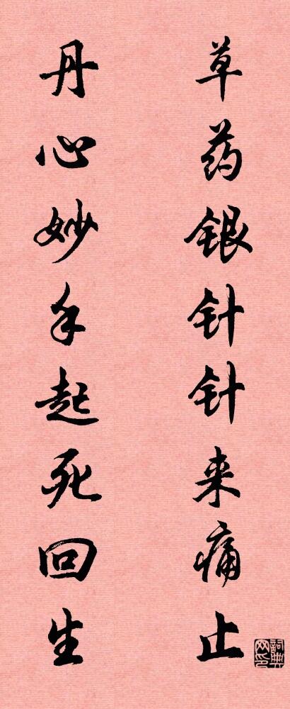 草药银针针来痛止 丹心妙手起死回生对联书法作品欣赏
