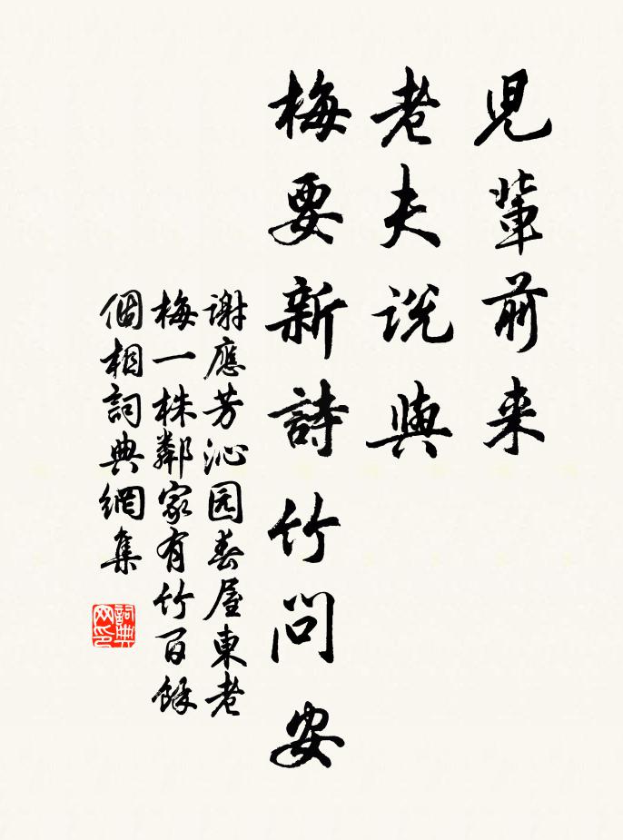 谢应芳儿辈前来，老夫说与，梅要新诗竹问安书法作品欣赏