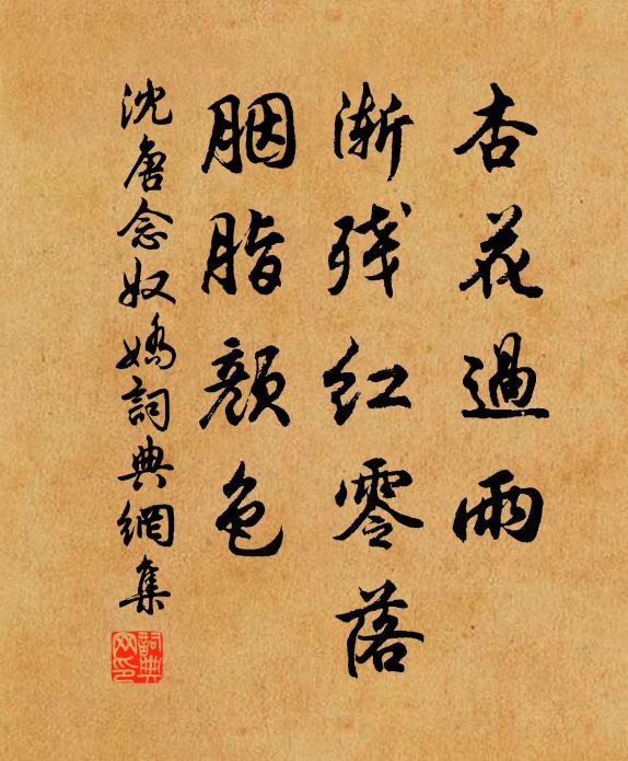 沈唐杏花过雨，渐残红零落，胭脂颜色书法作品欣赏