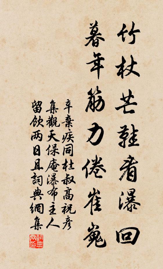 辛弃疾竹杖芒鞋看瀑回，暮年筋力倦崔嵬书法作品欣赏