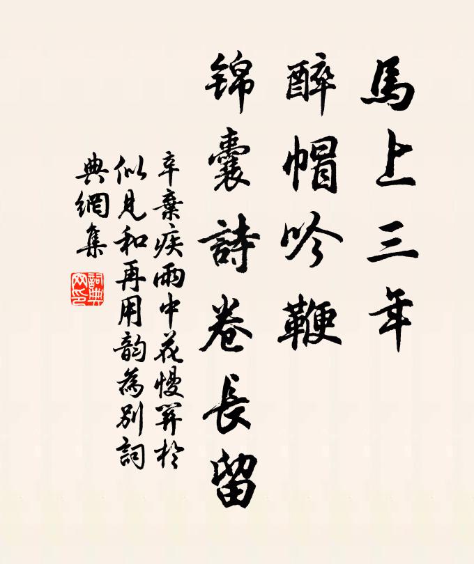 辛弃疾马上三年，醉帽吟鞭，锦囊诗卷长留书法作品欣赏