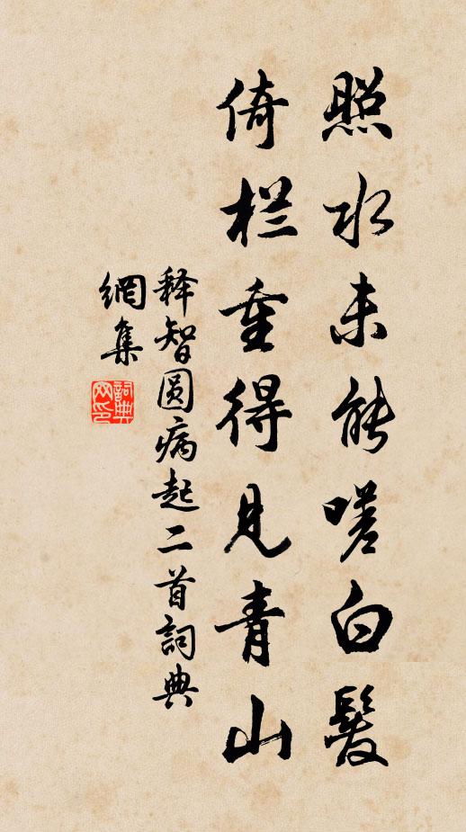 释智圆照水未能嗟白发，倚栏重得见青山书法作品欣赏