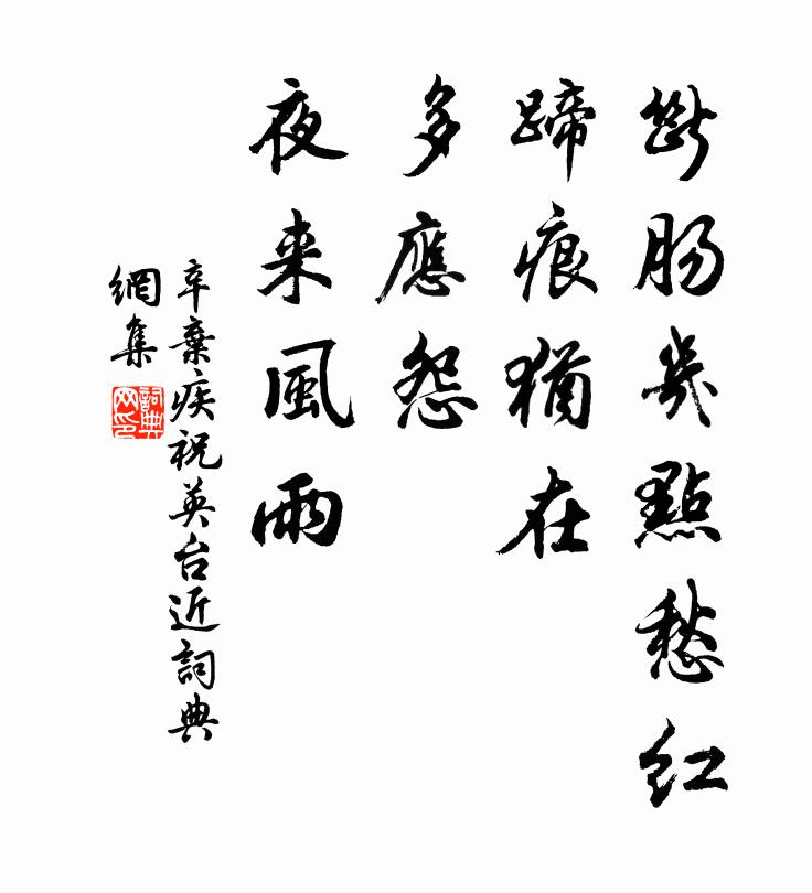 辛弃疾断肠几点愁红，蹄痕犹在，多应怨、夜来风雨书法作品欣赏