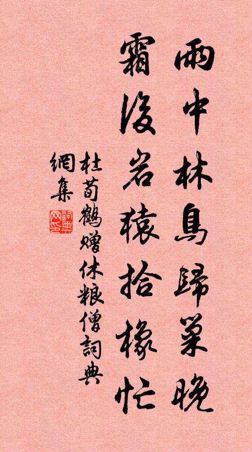 杜荀鹤雨中林鸟归巢晚，霜后岩猿拾橡忙书法作品欣赏