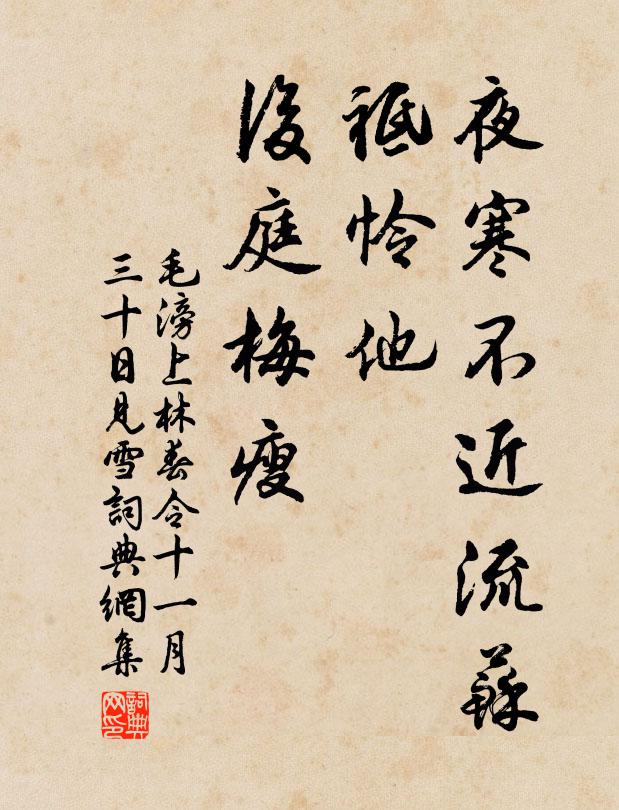 毛滂夜寒不近流苏，祗怜他、后庭梅瘦书法作品欣赏