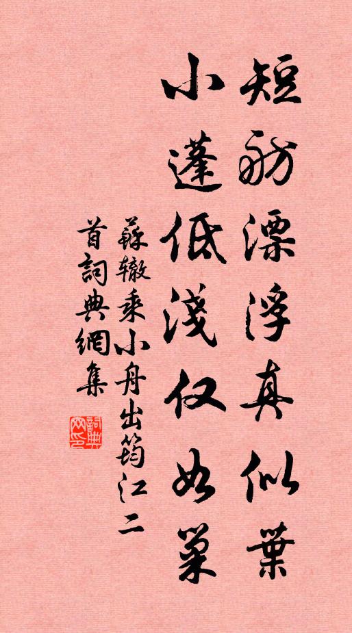 苏辙短舫漂浮真似叶，小蓬低浅仅如巢书法作品欣赏