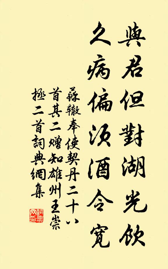 苏辙与君但对湖光饮，久病偏须酒令宽书法作品欣赏