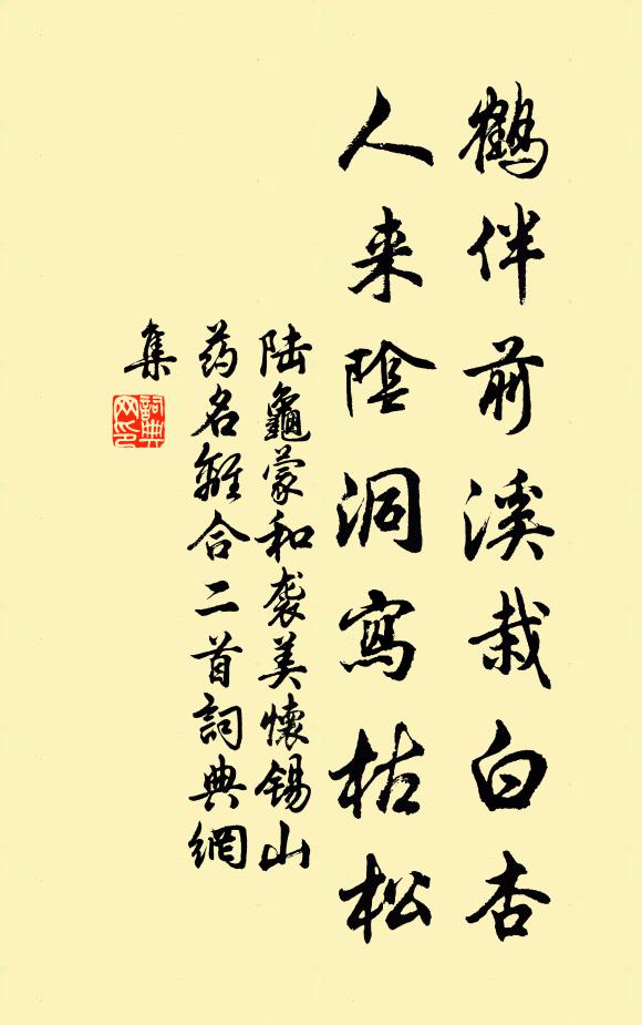 陆龟蒙鹤伴前溪栽白杏，人来阴洞写枯松书法作品欣赏
