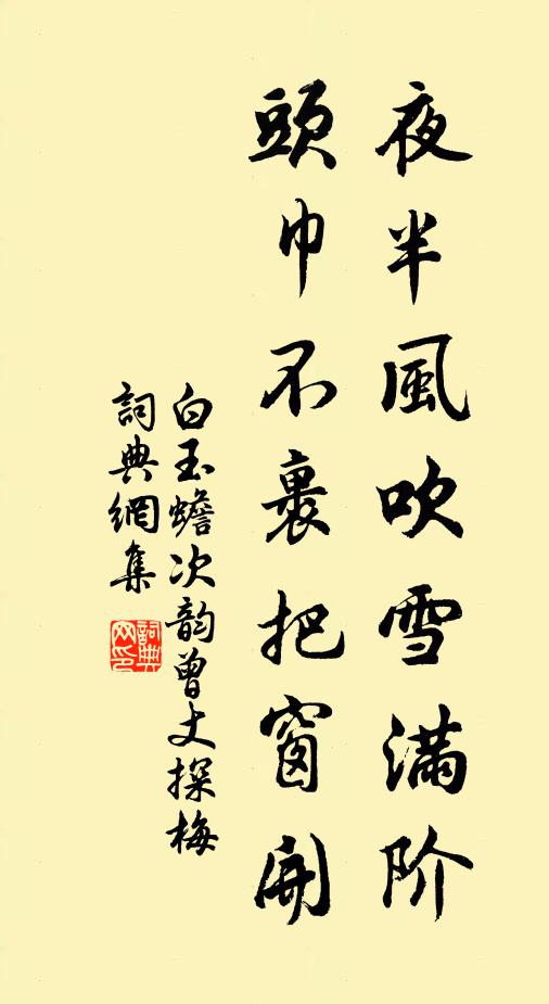白玉蟾夜半风吹雪满阶，头巾不裹把窗开书法作品欣赏