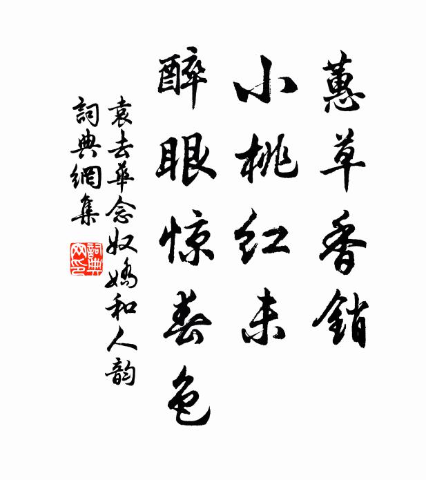 袁去华蕙草香销，小桃红未，醉眼惊春色书法作品欣赏