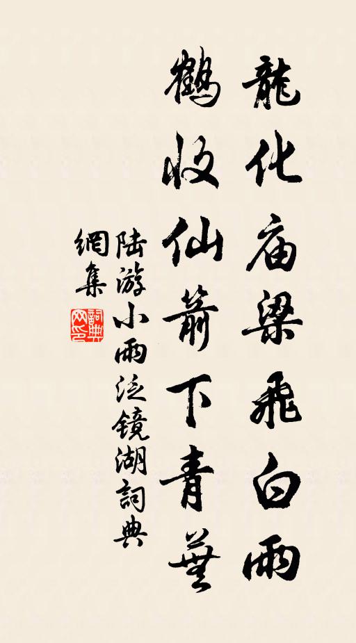 陆游龙化庙梁飞白雨，鹤收仙箭下青芜书法作品欣赏