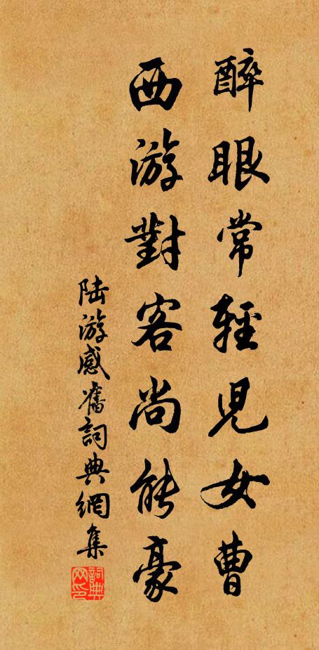 陆游醉眼常轻儿女曹，西游对客尚能豪书法作品欣赏