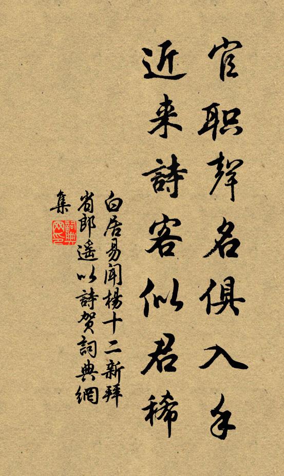 白居易官职声名俱入手，近来诗客似君稀书法作品欣赏