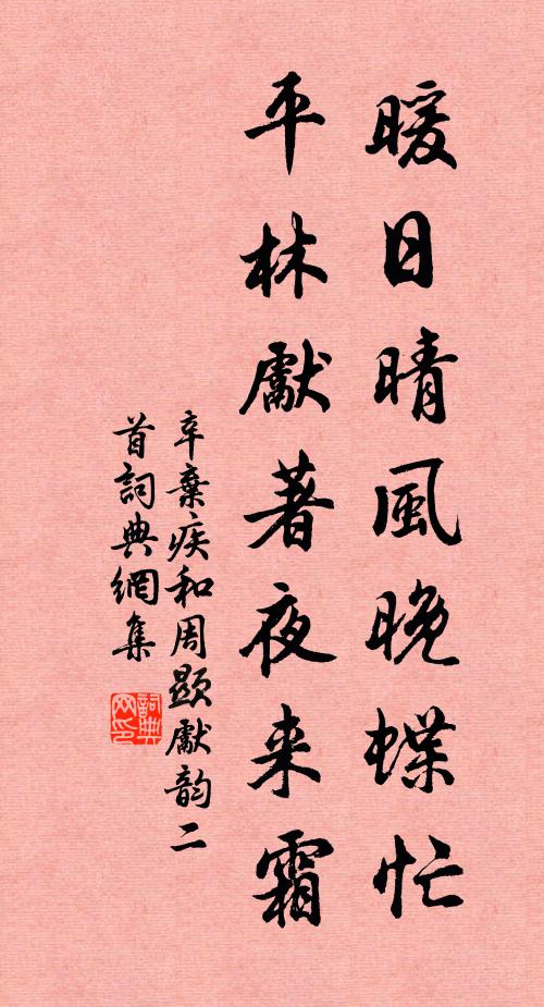 辛弃疾暖日晴风晚蝶忙，平林先著夜来霜书法作品欣赏