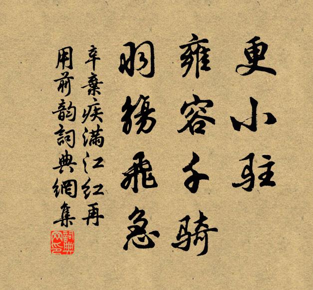 辛弃疾更小驻、雍容千骑，羽觞飞急书法作品欣赏