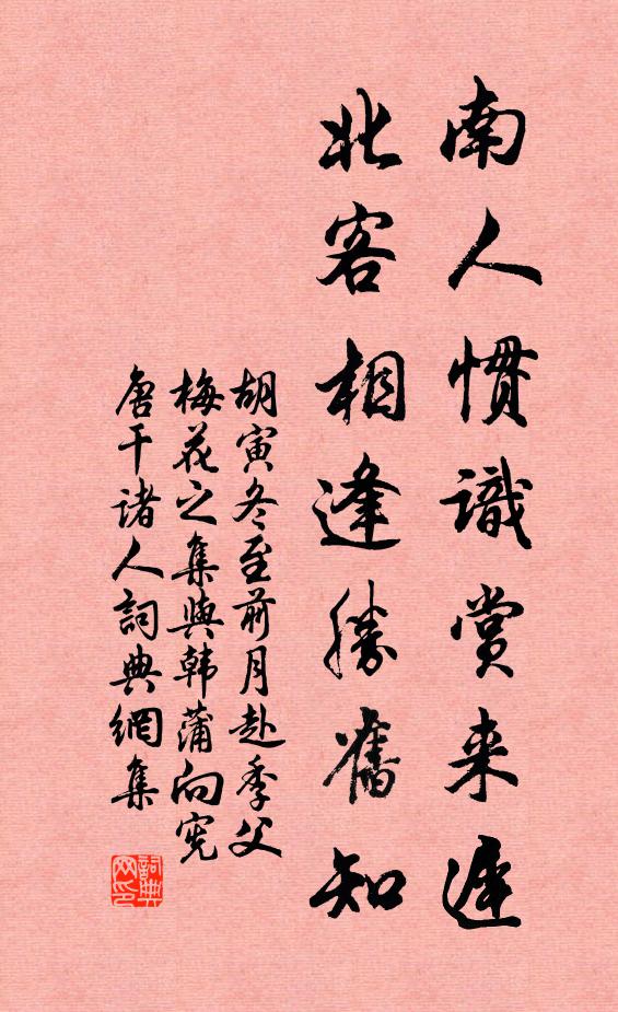 胡寅南人惯识赏来迟，北客相逢胜旧知书法作品欣赏