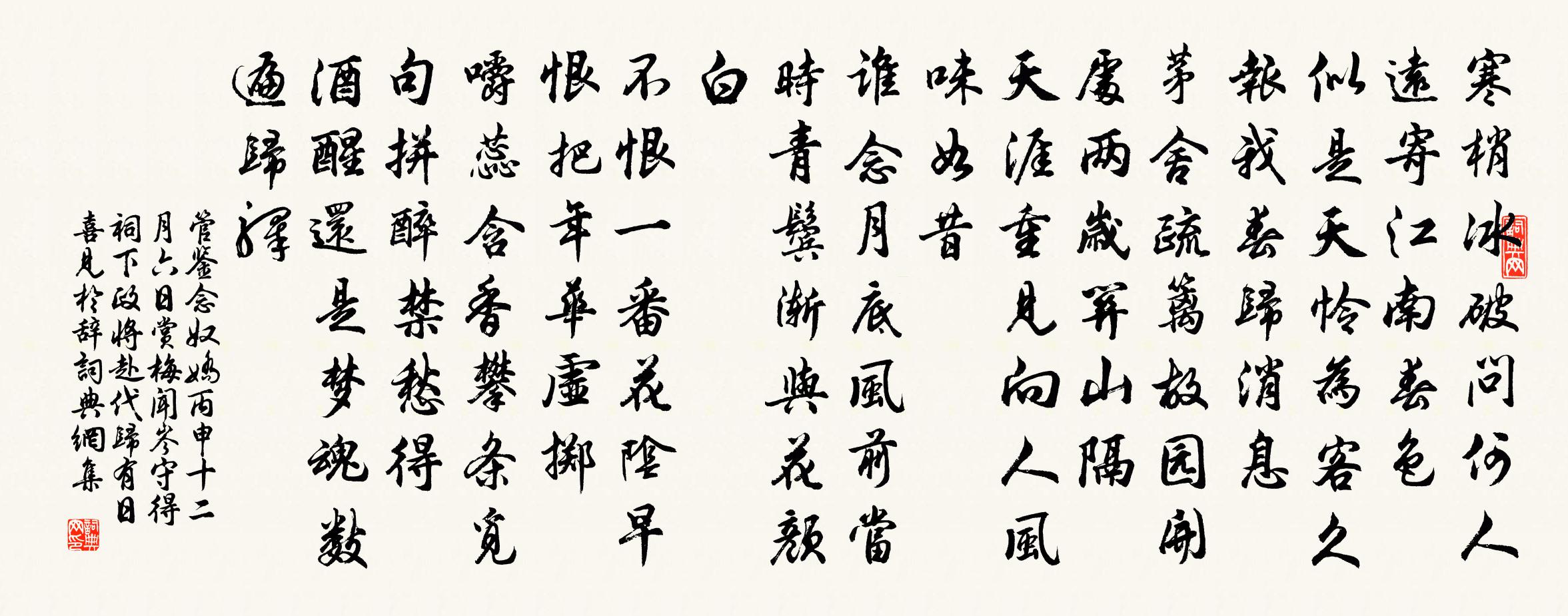 管鉴念奴娇（丙申十二月六日赏梅，闻岑守得祠、下政将赴代归有日喜见于辞）书法作品欣赏
